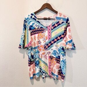 Chico’s Boho Patchwork Tunic Top Flowy Modal Blend Flutter Sleeves Size 2 Large